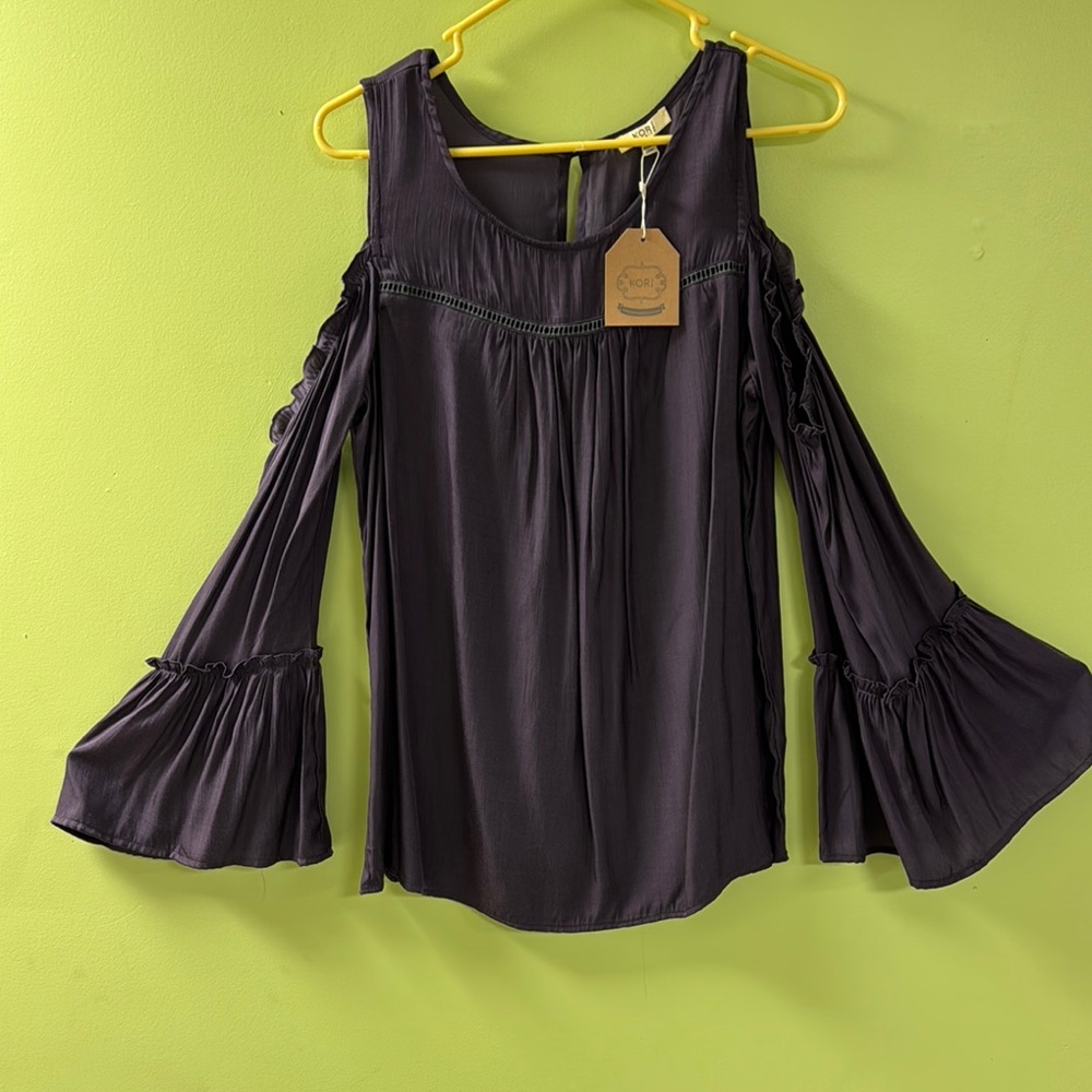 Kori Black Asymmetrical Ruffled Bell Sleeve Blouse